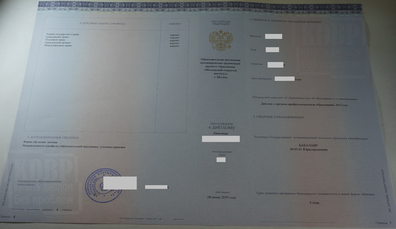 Приложение диплома бакалавра Московского открытого института 2019 года по направлению Юриспруденция